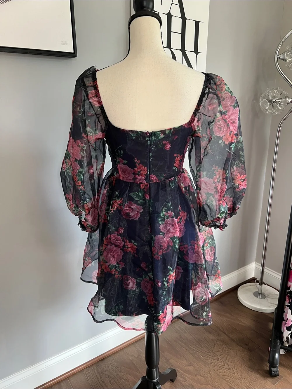 Lulus Sweetly Flirty Navy Blue Floral Organza Puff Sleeve Mini Dress - Picture 4 of 9